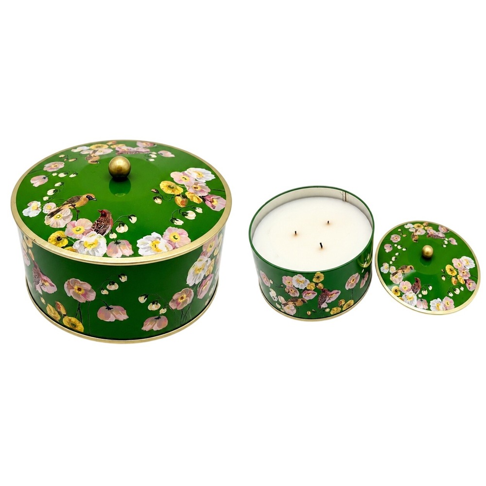 Anthropologie Caramel Apple Cinnamon 3 Wick Candle Floral Bird Tin Lid Green